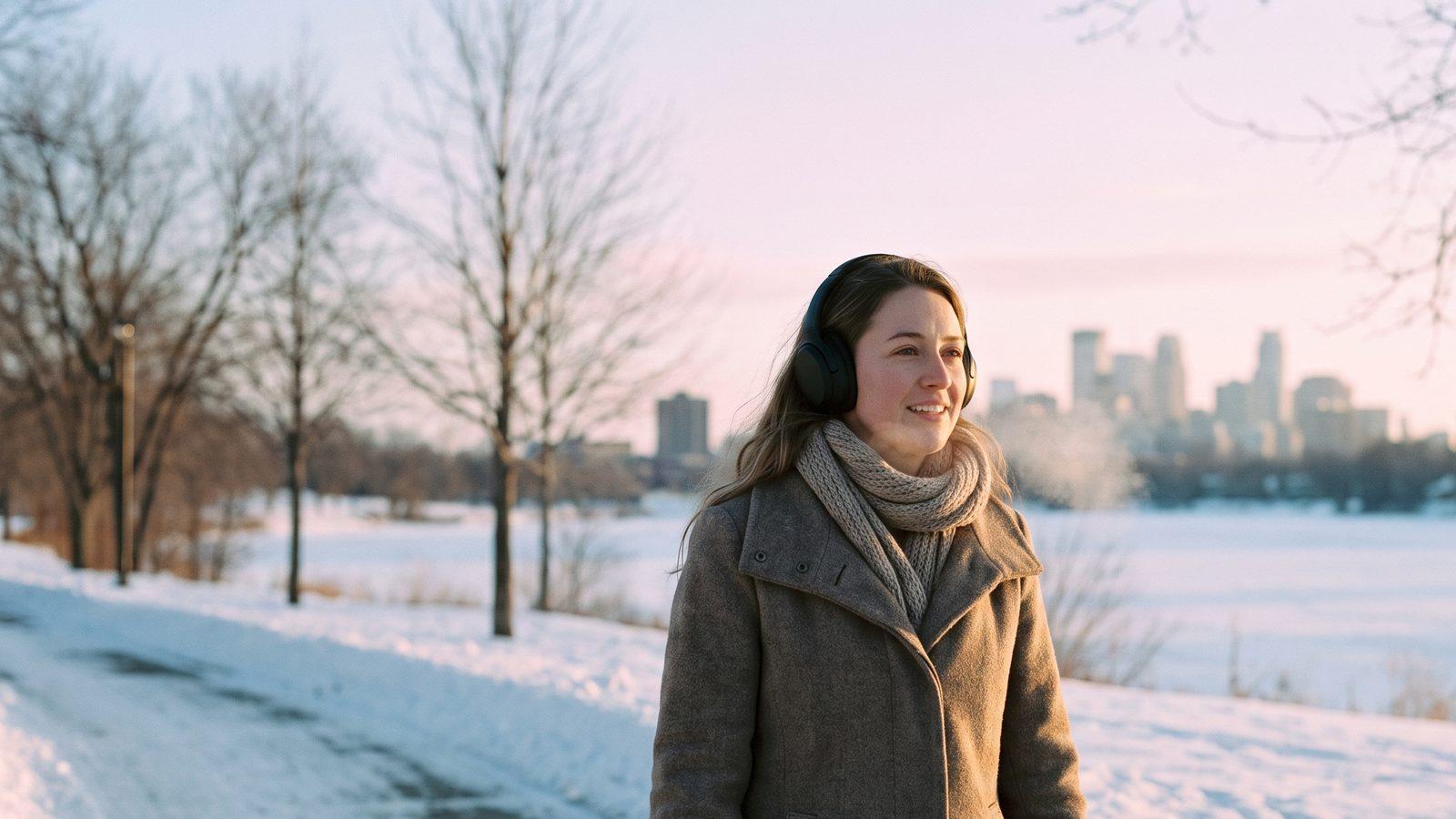 Illustrative image — a woman in headphones walking beside a frozen city lake at dawn