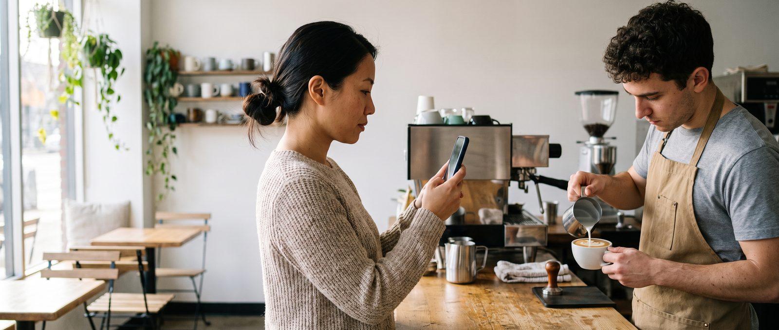 Illustrative image — a cafe owner filming her barista pouring latte art