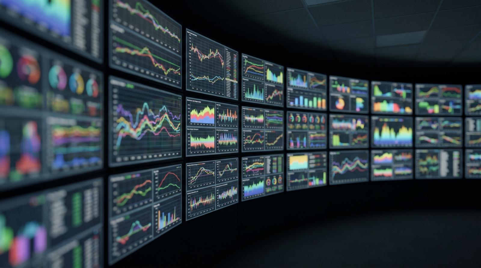 Illustrative photography — a wall of screens showing performance dashboards