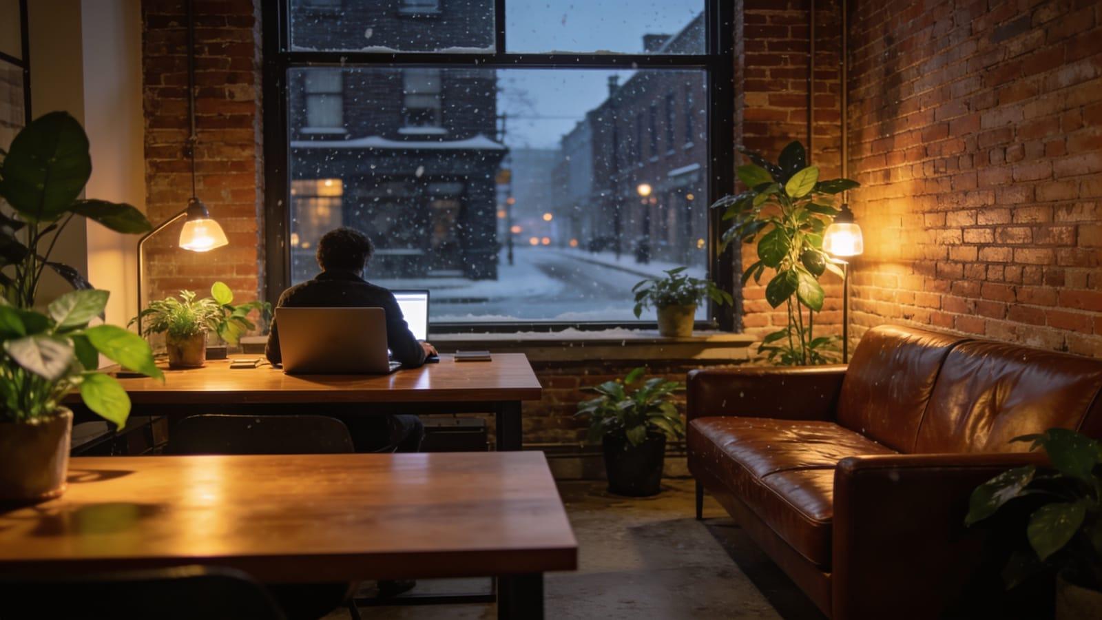 Illustrative image — a small agency office in a brick storefront on a snowy evening