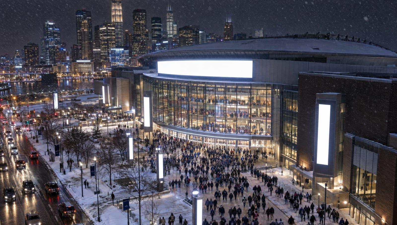 Illustrative image — a sold-out downtown arena on a snowy night, crowds streaming toward the entrance
