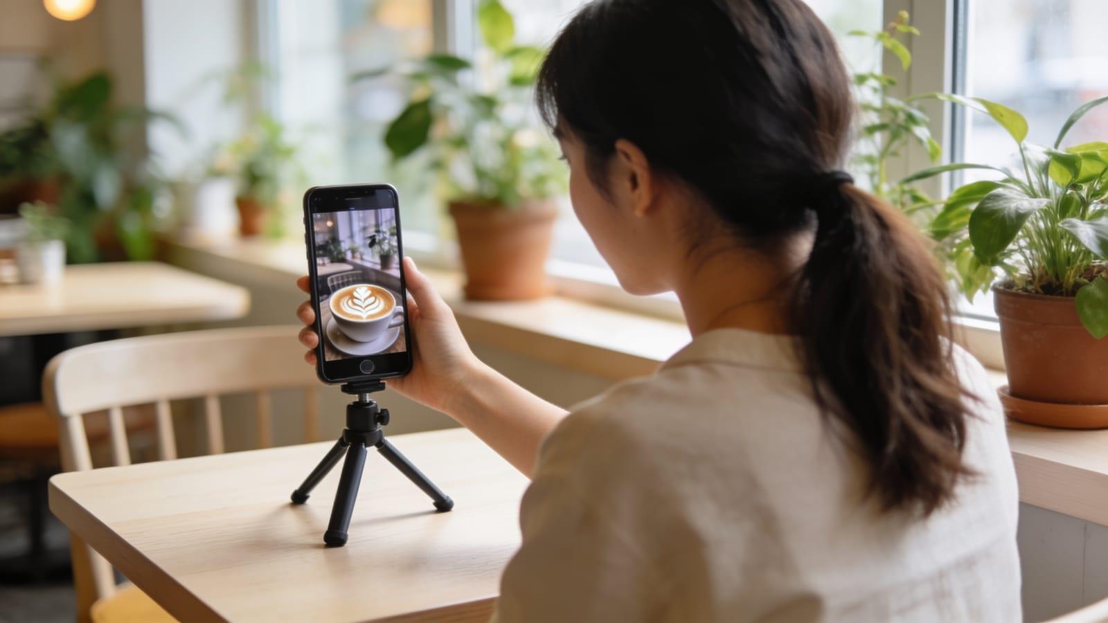 Illustrative image — filming a short video of a latte in a plant-filled cafe