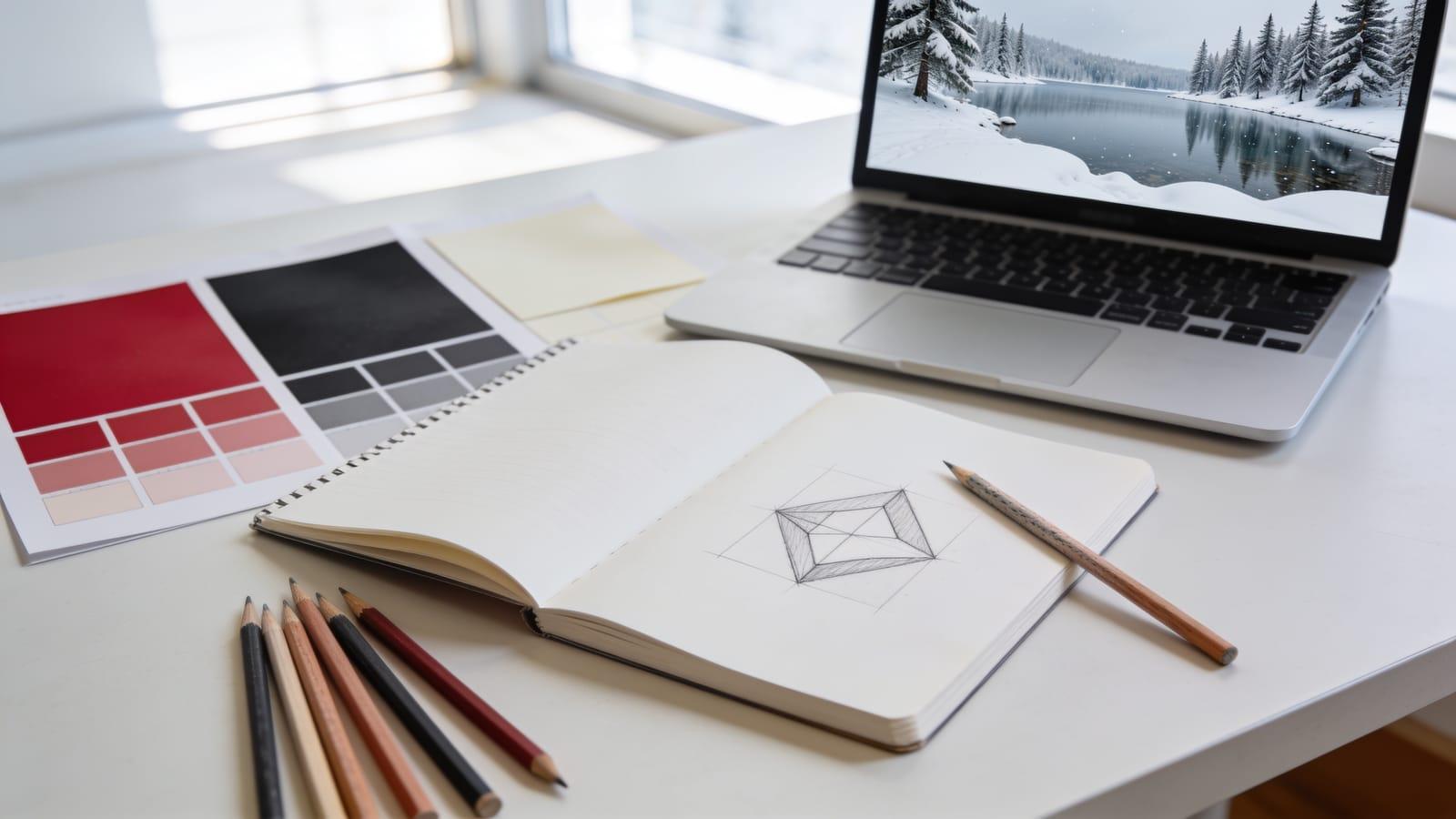 Illustrative image — colour swatches, a sketchbook and a laptop on a designer's desk
