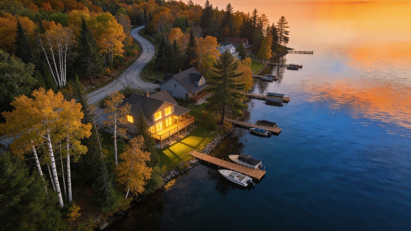 Illustrative image — lakeside homes and docks on a Minnesota lake at sunset