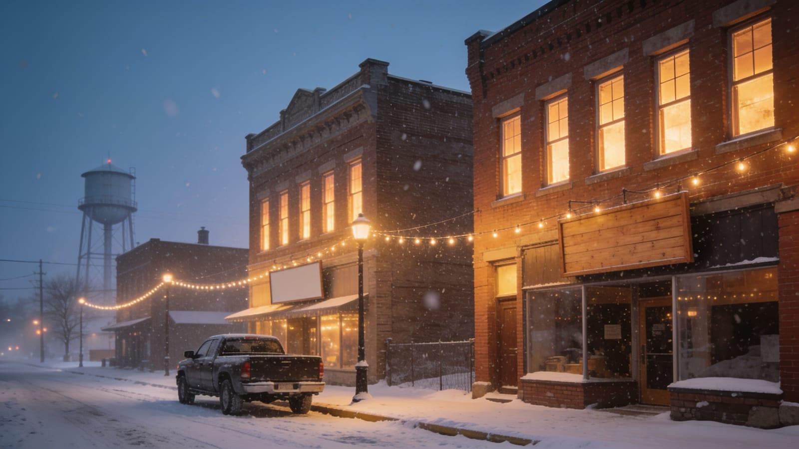 Illustrative image — a small-town Minnesota main street at winter dusk
