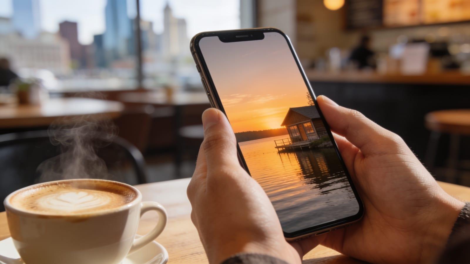Illustrative image — a phone in a coffee shop showing a lakeside cabin