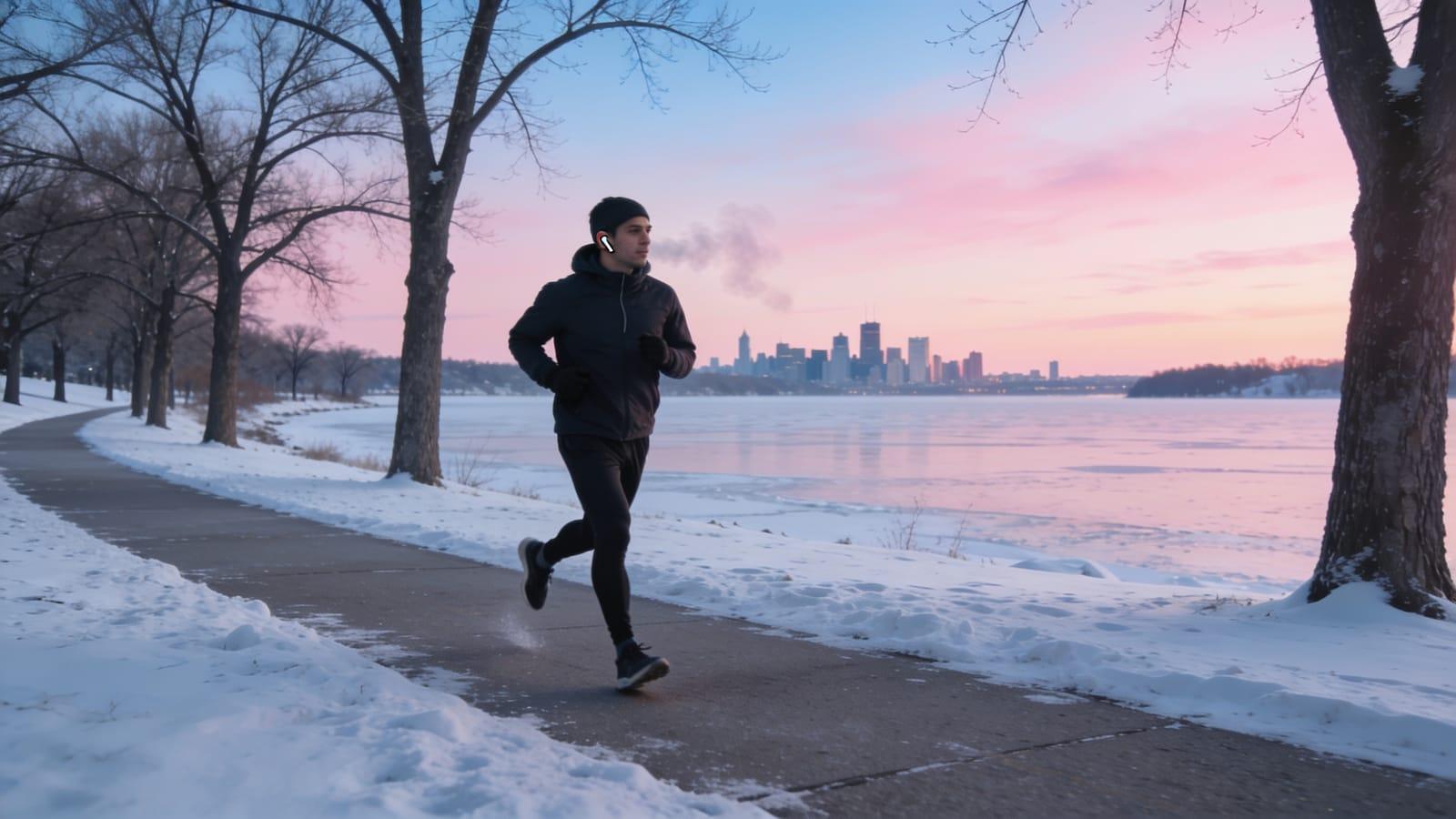 Illustrative image — a runner with earbuds on a frozen city lake at dawn
