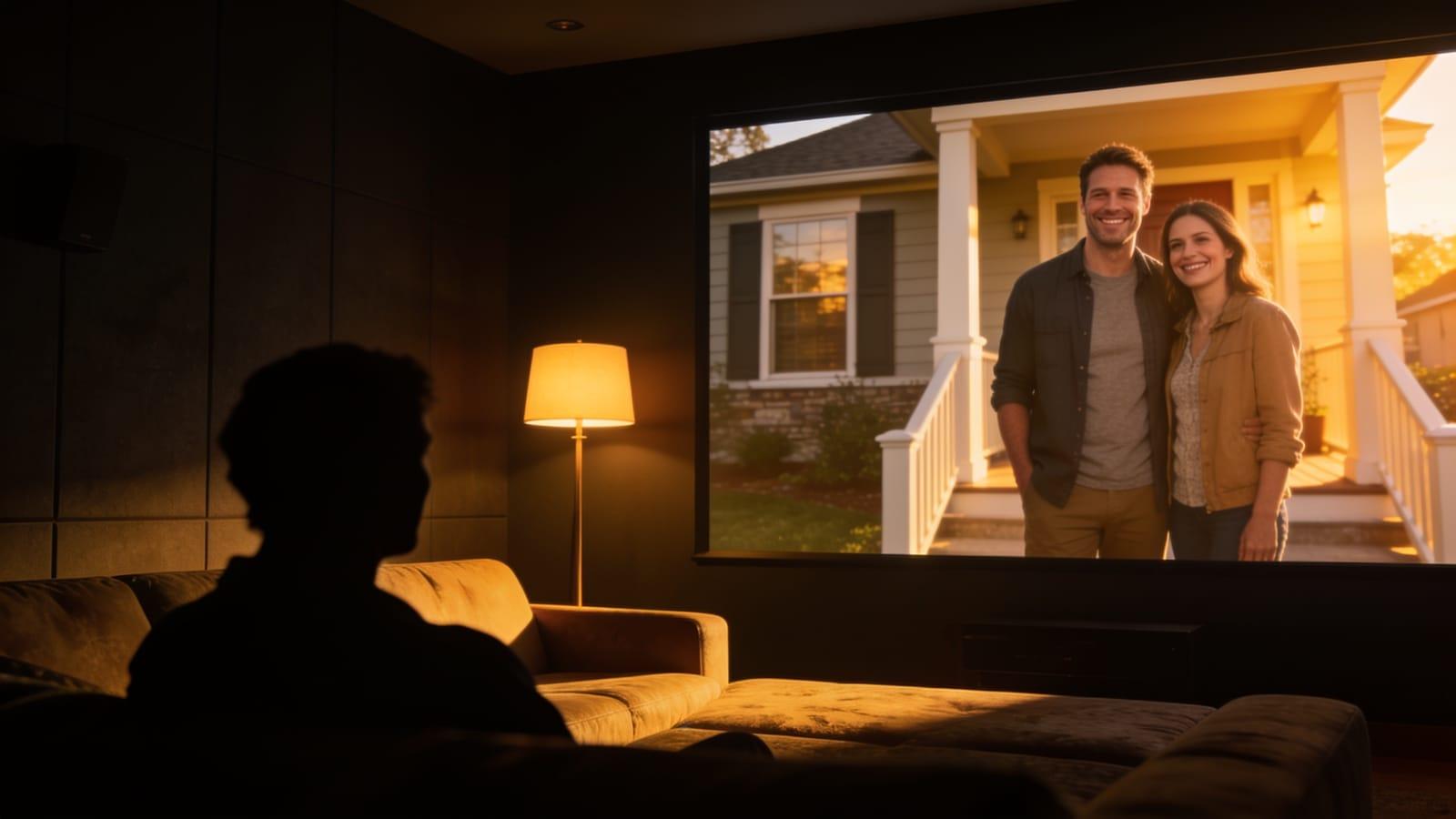 Illustrative image — a local business's commercial playing on a living-room screen at sunset