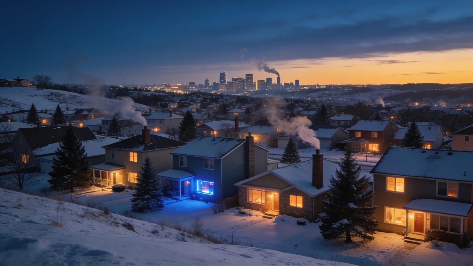 Illustrative image — a Twin Cities suburb at dusk with the skyline beyond