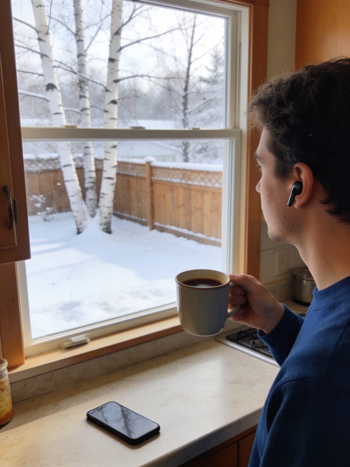 Illustrative image — streaming audio over coffee on a snowy Minnesota morning