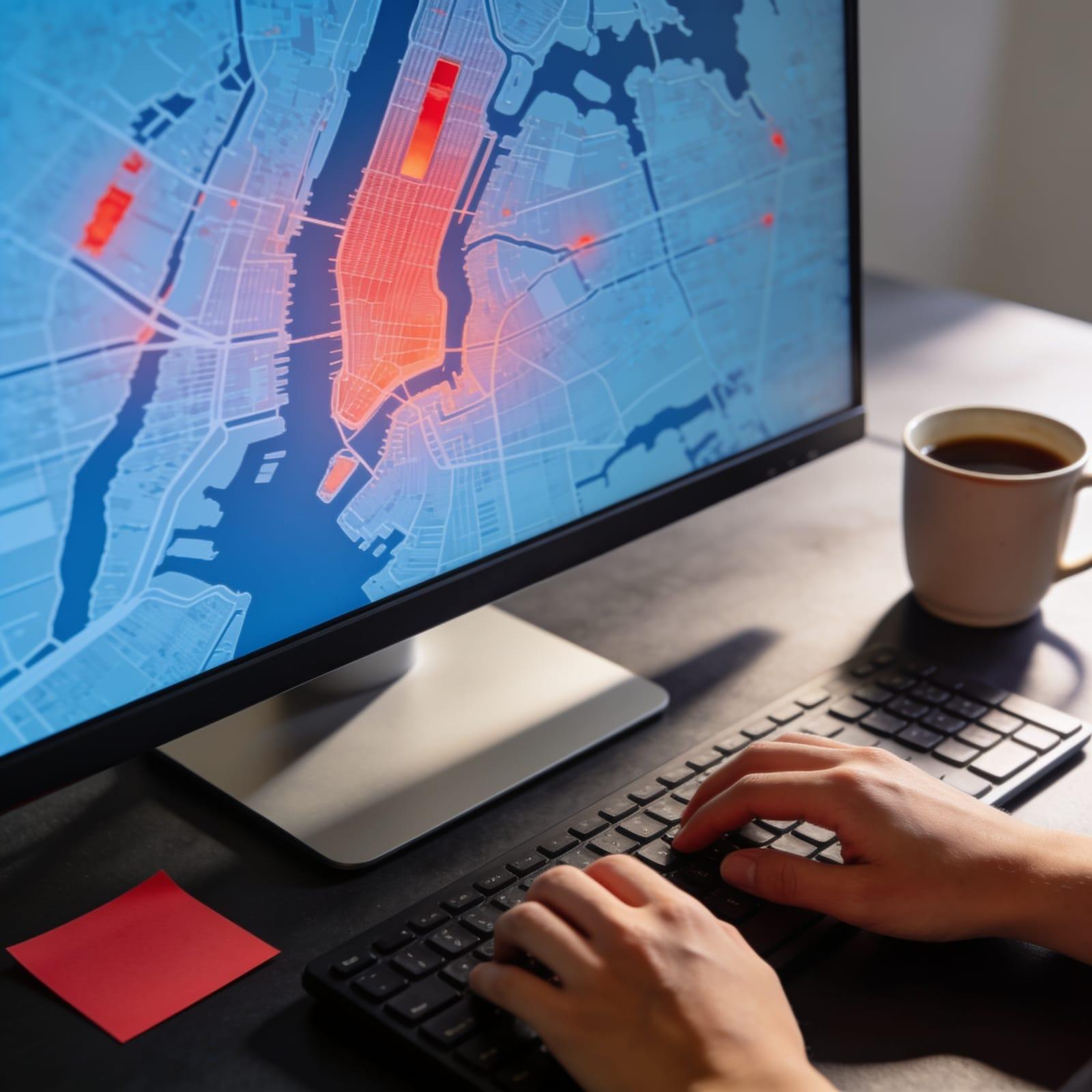 Illustrative image — a media buyer working a household heat map first thing in the morning