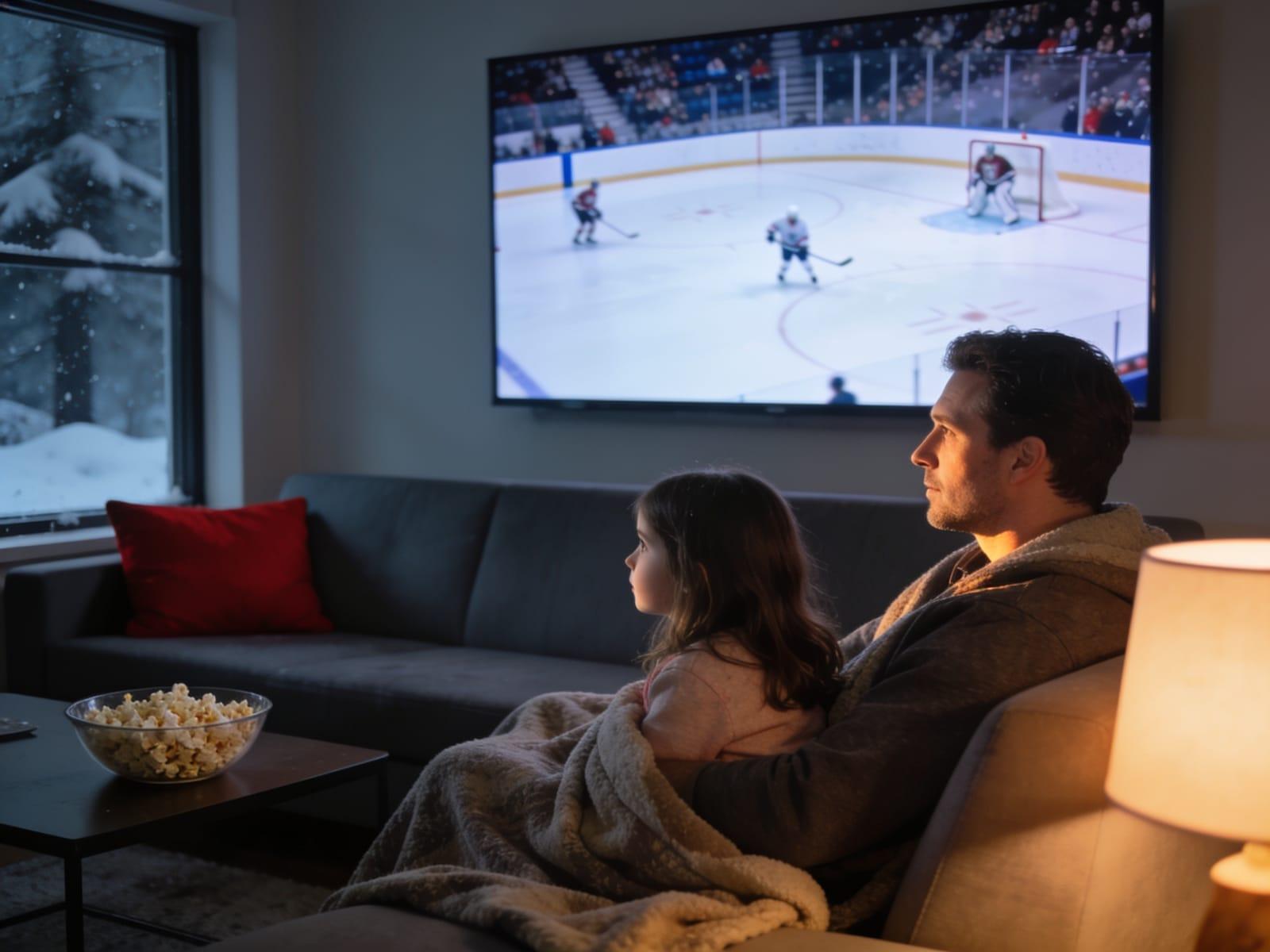 Illustrative image — a father and daughter watching live hockey on a streaming TV in a Minnesota living room