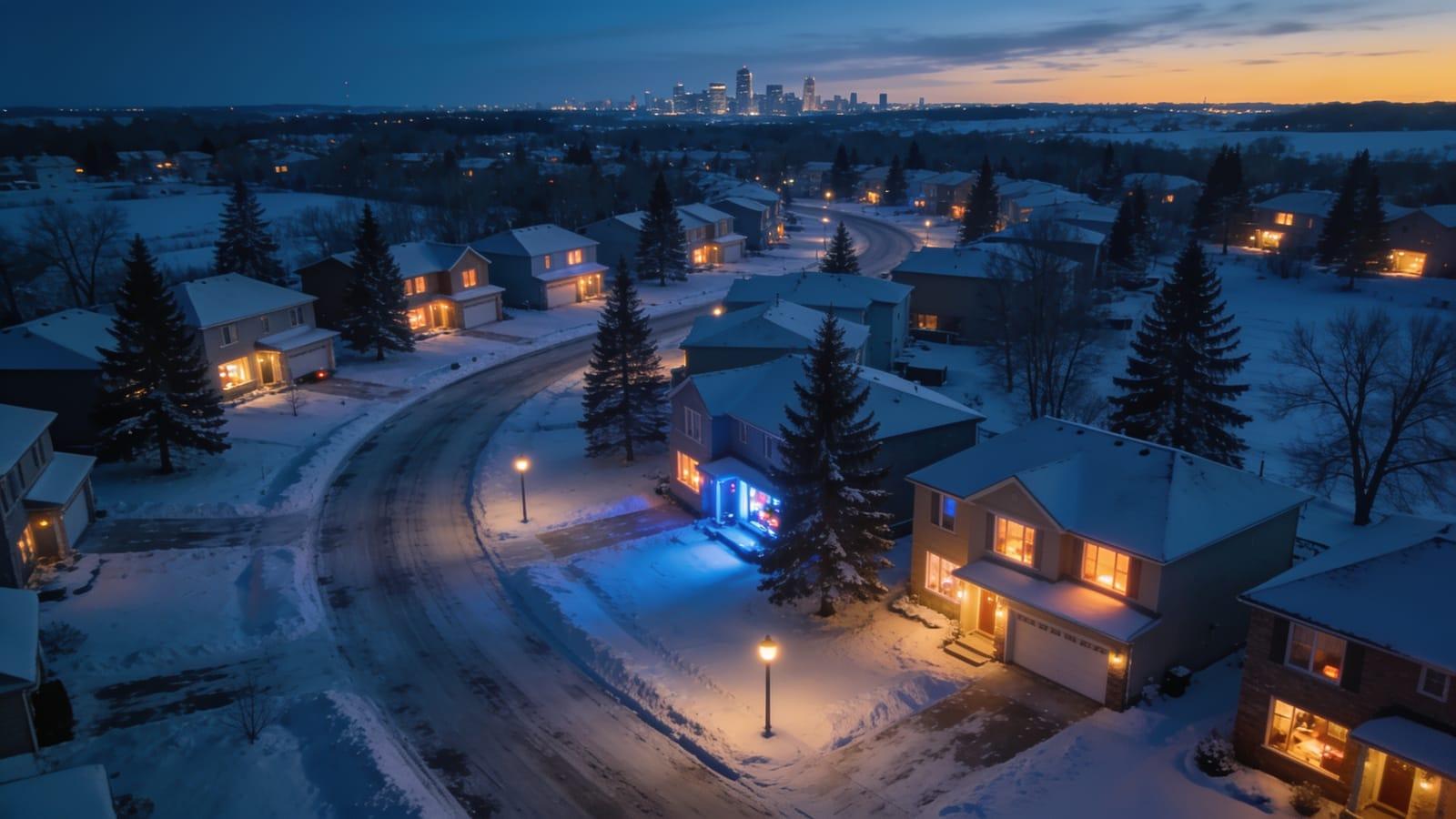 Illustrative image — a snowy Twin Cities neighborhood at dusk with televisions glowing in the windows
