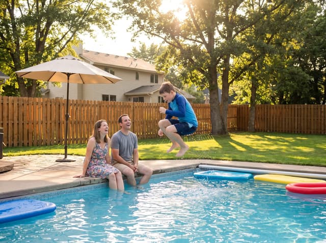 Illustrative image — a boy in mid-air jumping into a backyard pool on a summer afternoon while his parents laugh from the pool edge