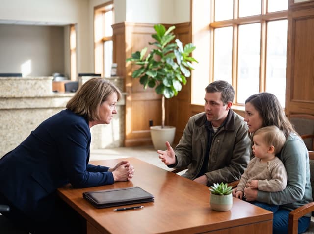 Illustrative image — a banker leaning across a desk to listen to a young couple with a toddler in a sunlit small-town bank lobby