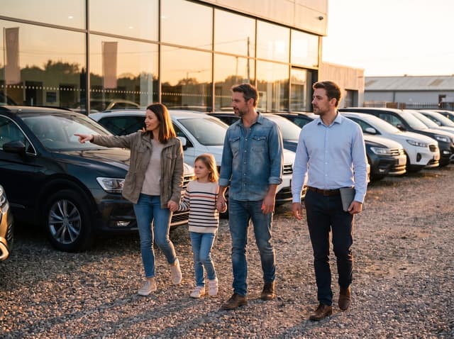 Illustrative image — a couple and their young daughter walking a dealership lot at golden hour with a salesman, the mother pointing out a car