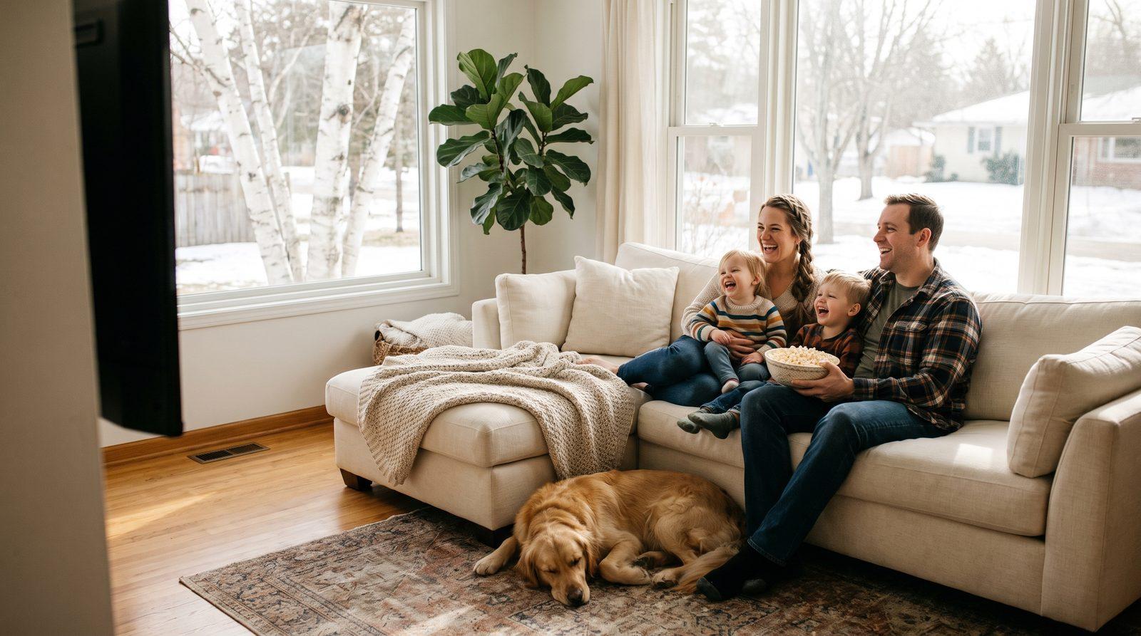 Illustrative image — a family on the sofa with their dog asleep on the rug, watching television on a bright winter afternoon
