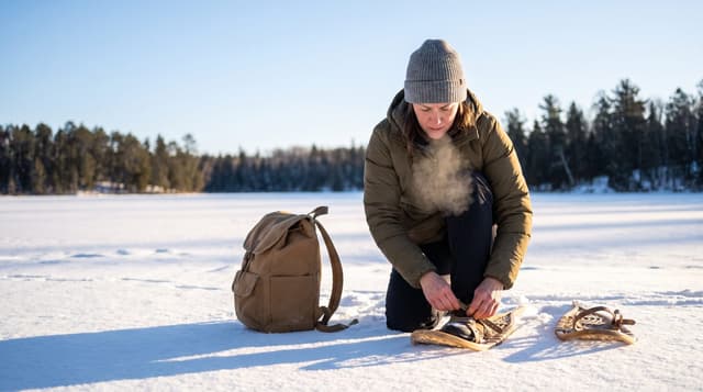 Illustrative image — a woman in a plain winter jacket kneeling on a frozen Minnesota lake to tighten a snowshoe, a canvas pack beside her in the snow