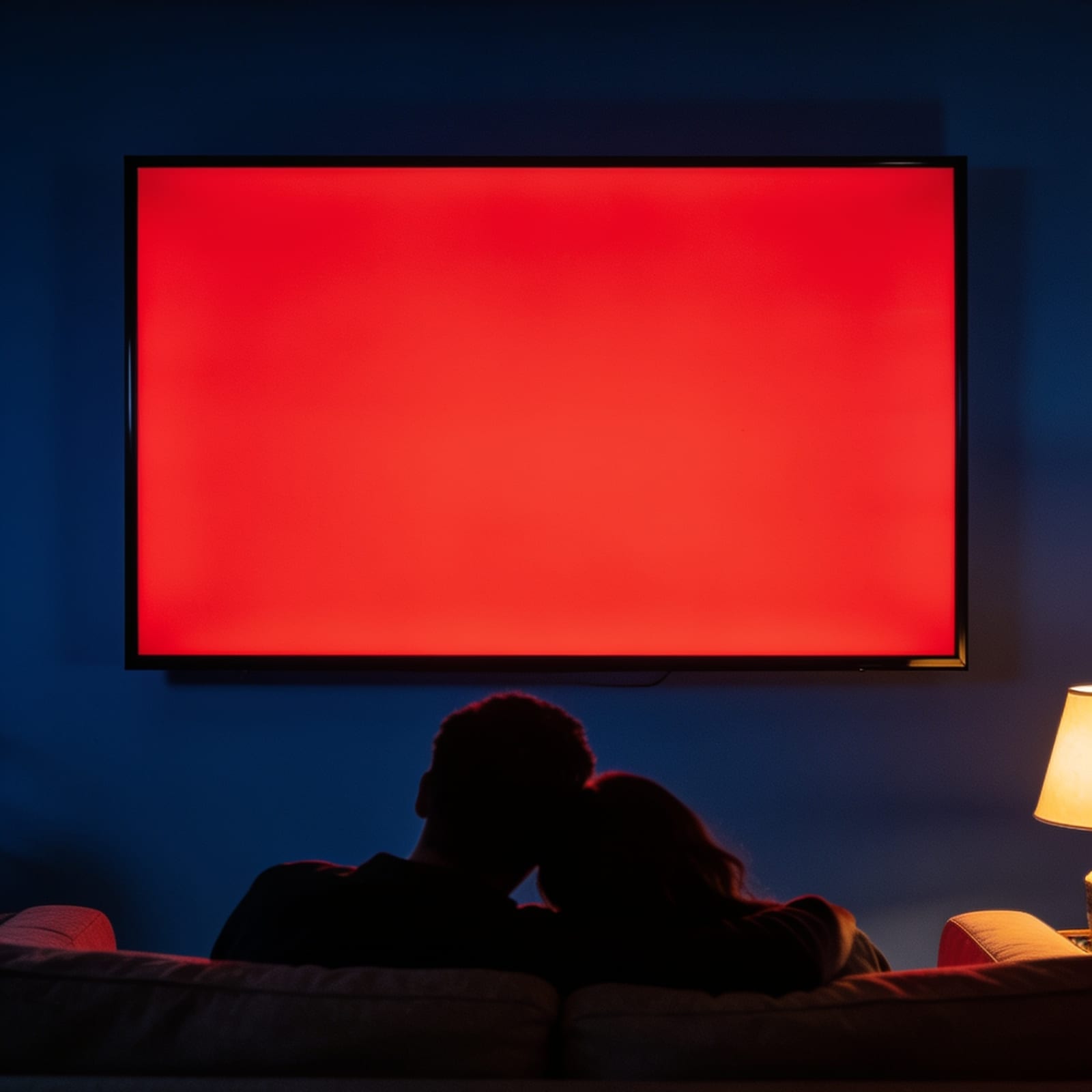 Illustrative image — a couple on the sofa watching a large television in a Minnesota living room at night