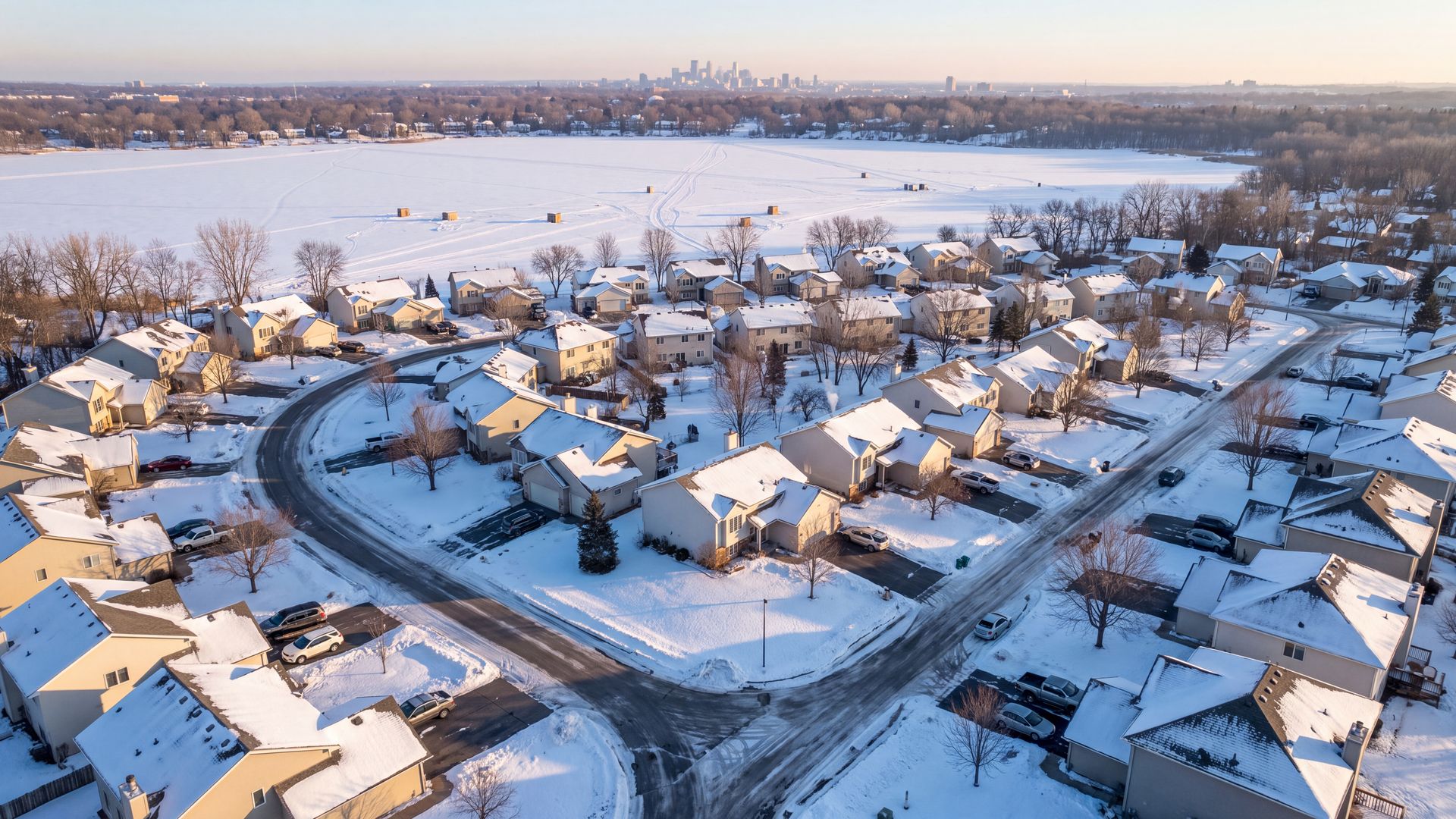 Illustrative image — a Minnesota neighborhood from the air on a winter morning, a frozen lake with ice-fishing houses beyond it and a city skyline on the horizon